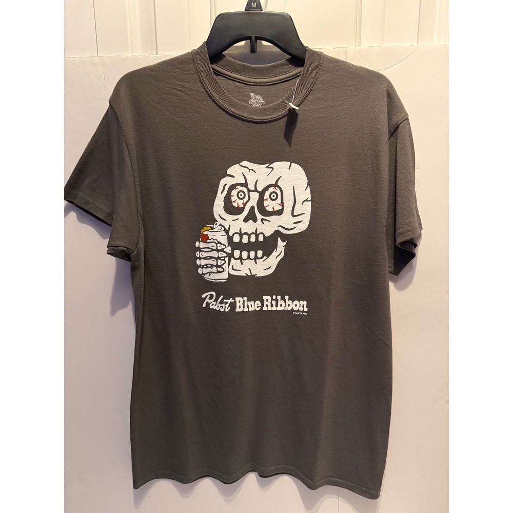 Pabst Blue Ribbon PBR Skull Drink Graphic T-Shirt Charcoal Gray Mens Medium